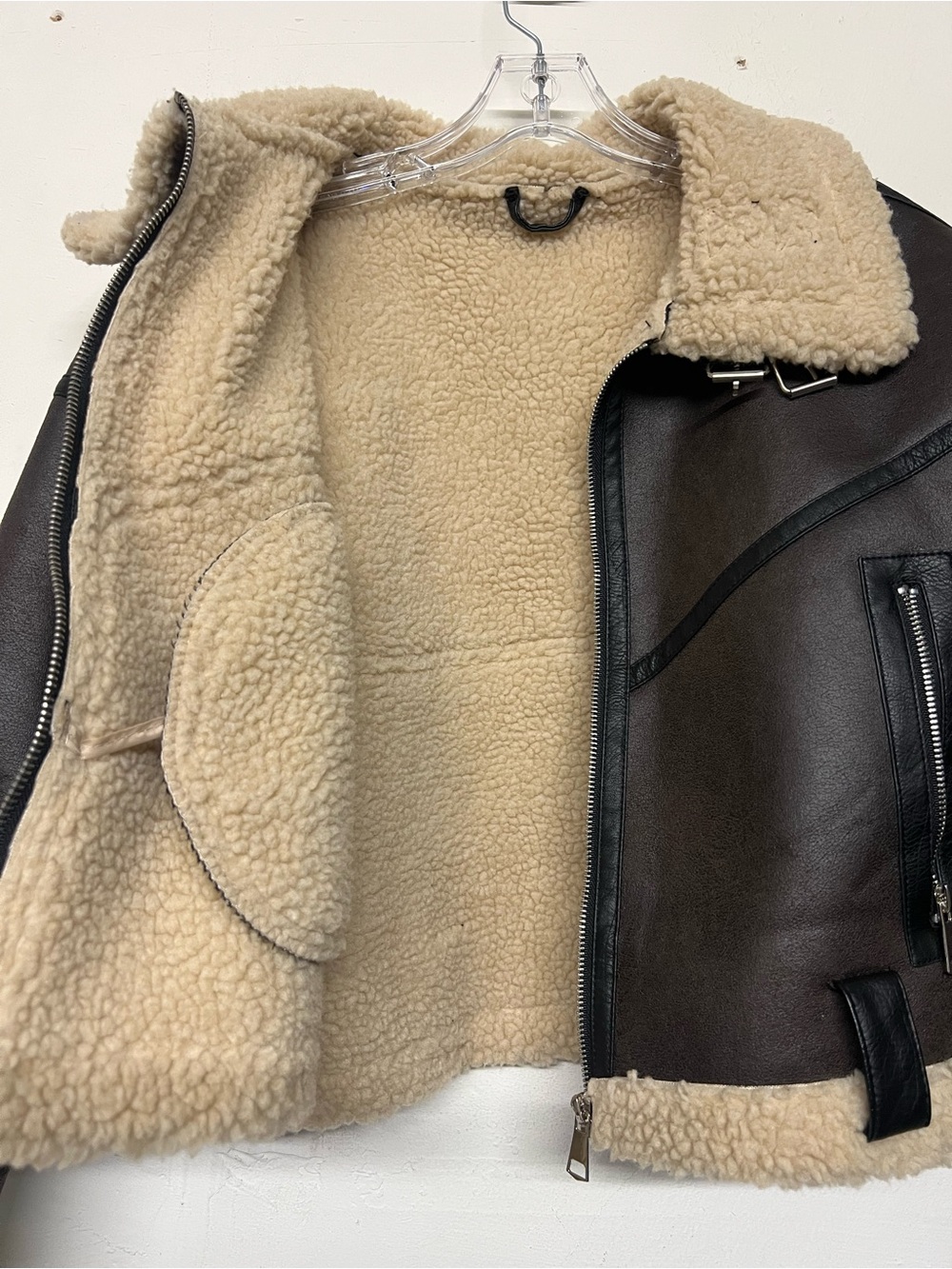 Faux Leather Shearling Trim Cropped Biker Jacket Sherpa Lined Chocolate Brown - Picture 7 of 7